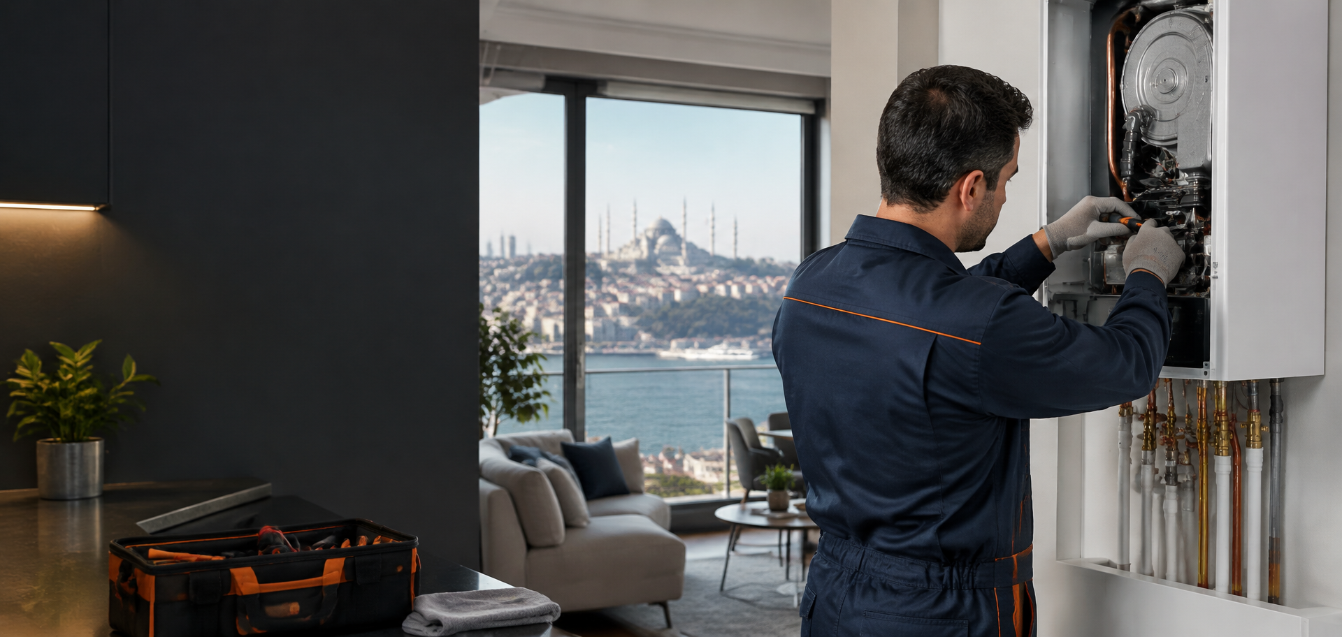 İstanbul'da duvar tipi kombiye bakım yapan teknik servis çalışanı